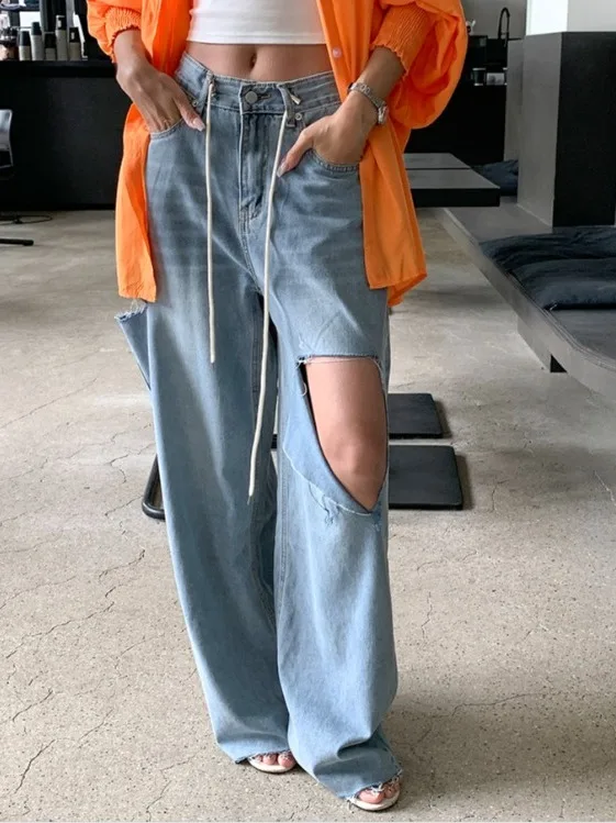 Retro Versatile Wide Leg Jeans Long Pants Personality Worn Design Casual Style Natural Waist Denim Blue Cotton Soft Fabric