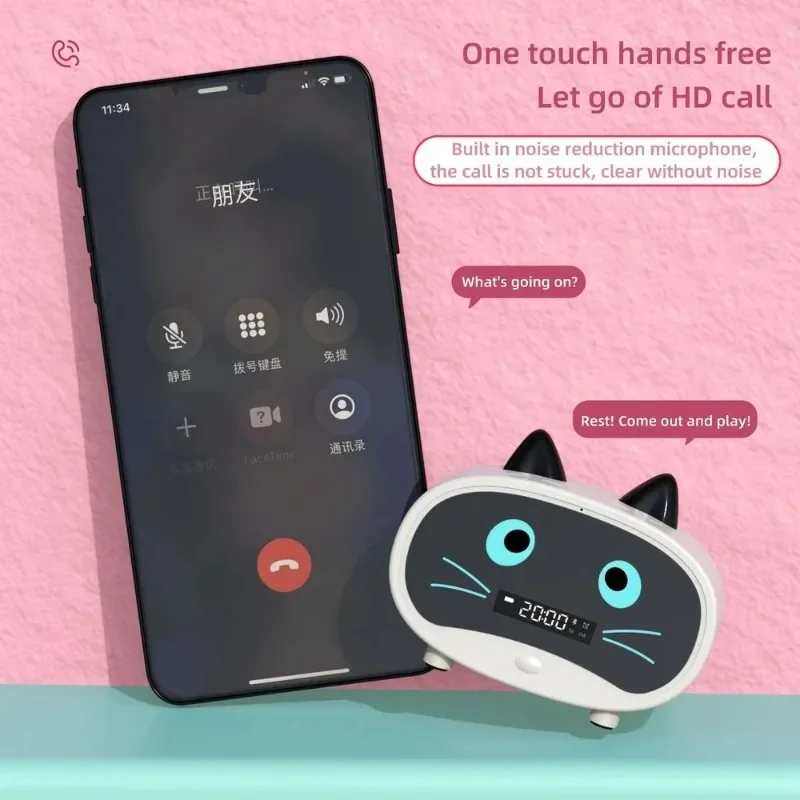 New Cute Cat Shaped Bluetooth Speaker with Alarm Clock - Portable Wireless Stereo Sound Box Music Player with Subwoofer Function