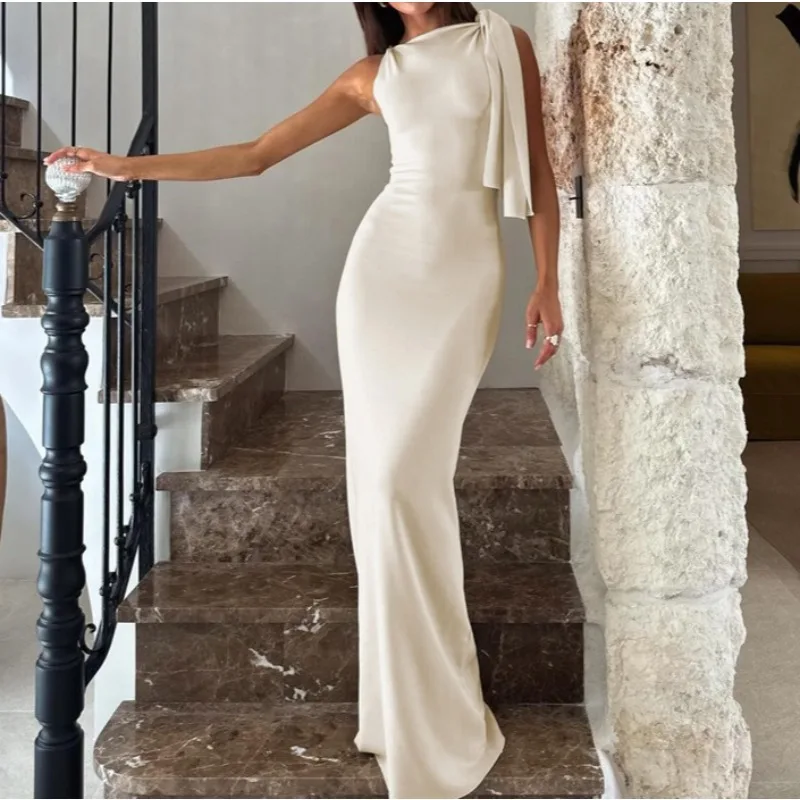 2026 Summer New Product Fashion Temperament Single Shoulder Streamer Solid Color Dress