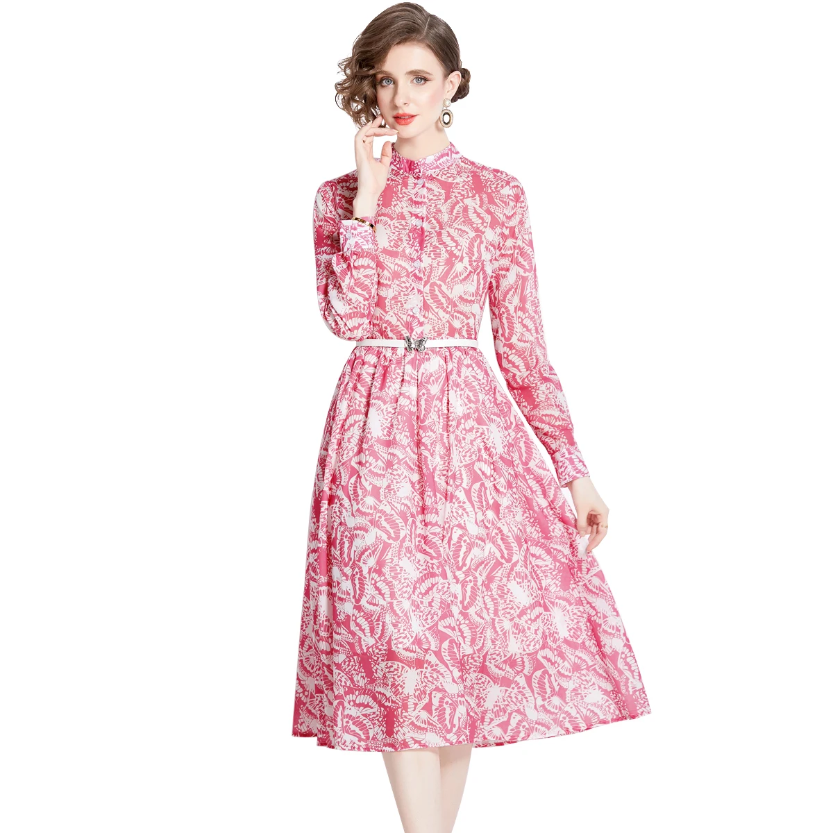 2024 Spring/Summer New Printed Butterfly Long Sleeved Belt Slim Fit Dress Pink Skirt