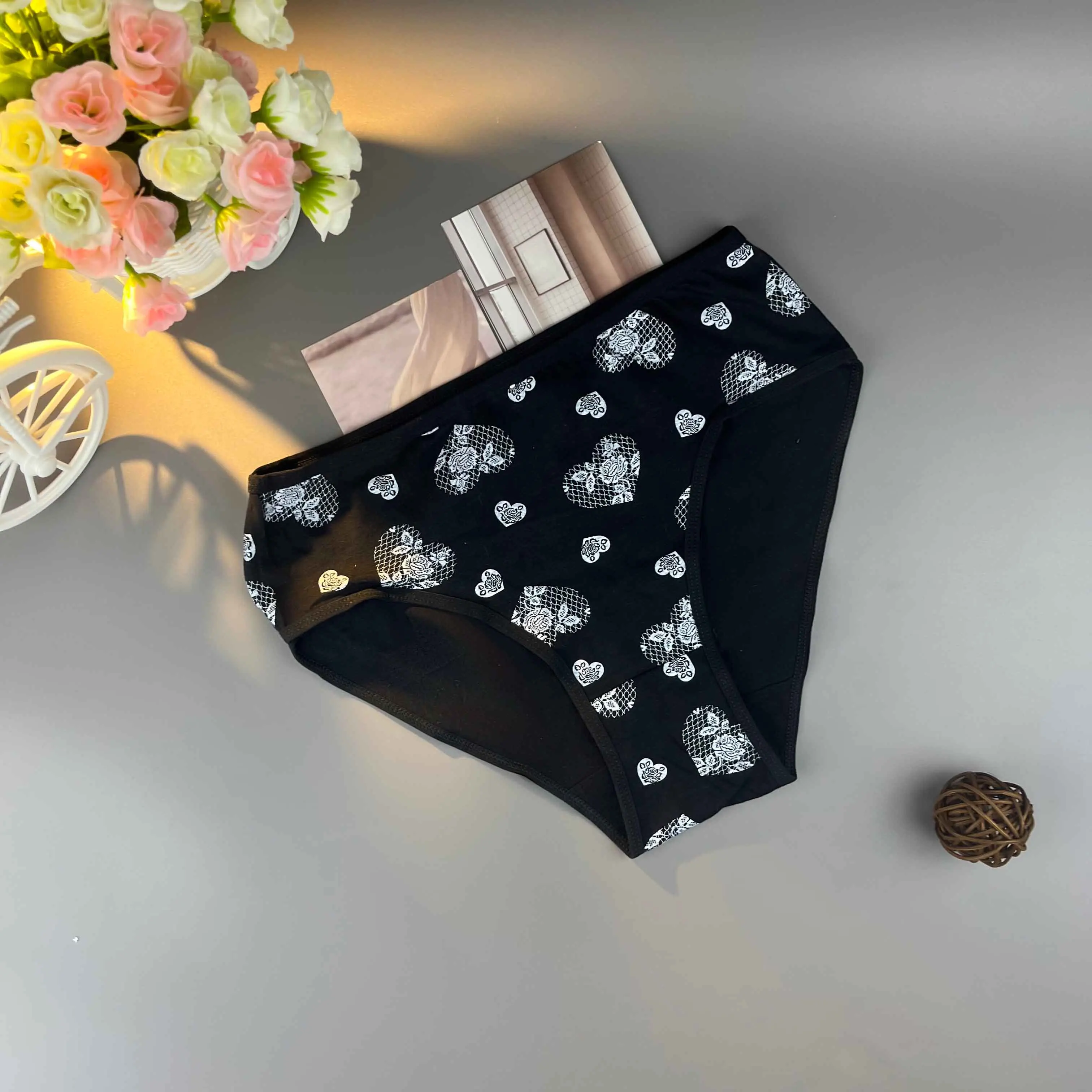 9팩 하트 꽃무늬, 소프트, 미드라이즈 트라이앵글 레이디 속옷, 6가지 모듬 색상 여성용 팬티 팬티, 여성용 란제리