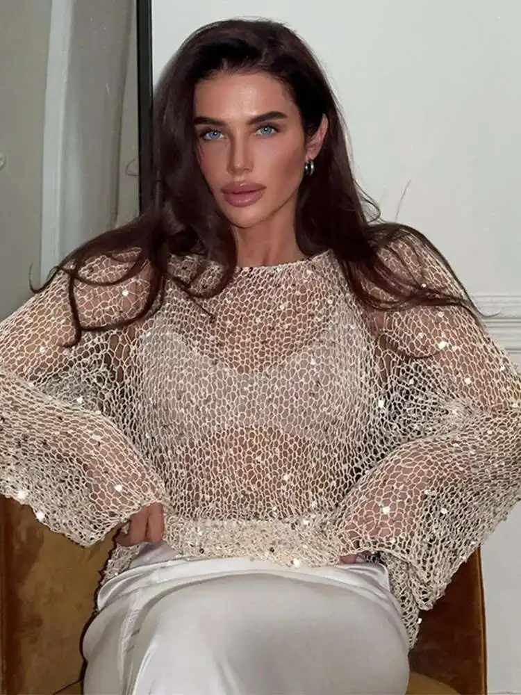 

Spring Female Chic Pullover Fashion Sequin Knitted Hollow Out Sweater Women Elegant O-neck Loose Long Sleeve Knitting Top