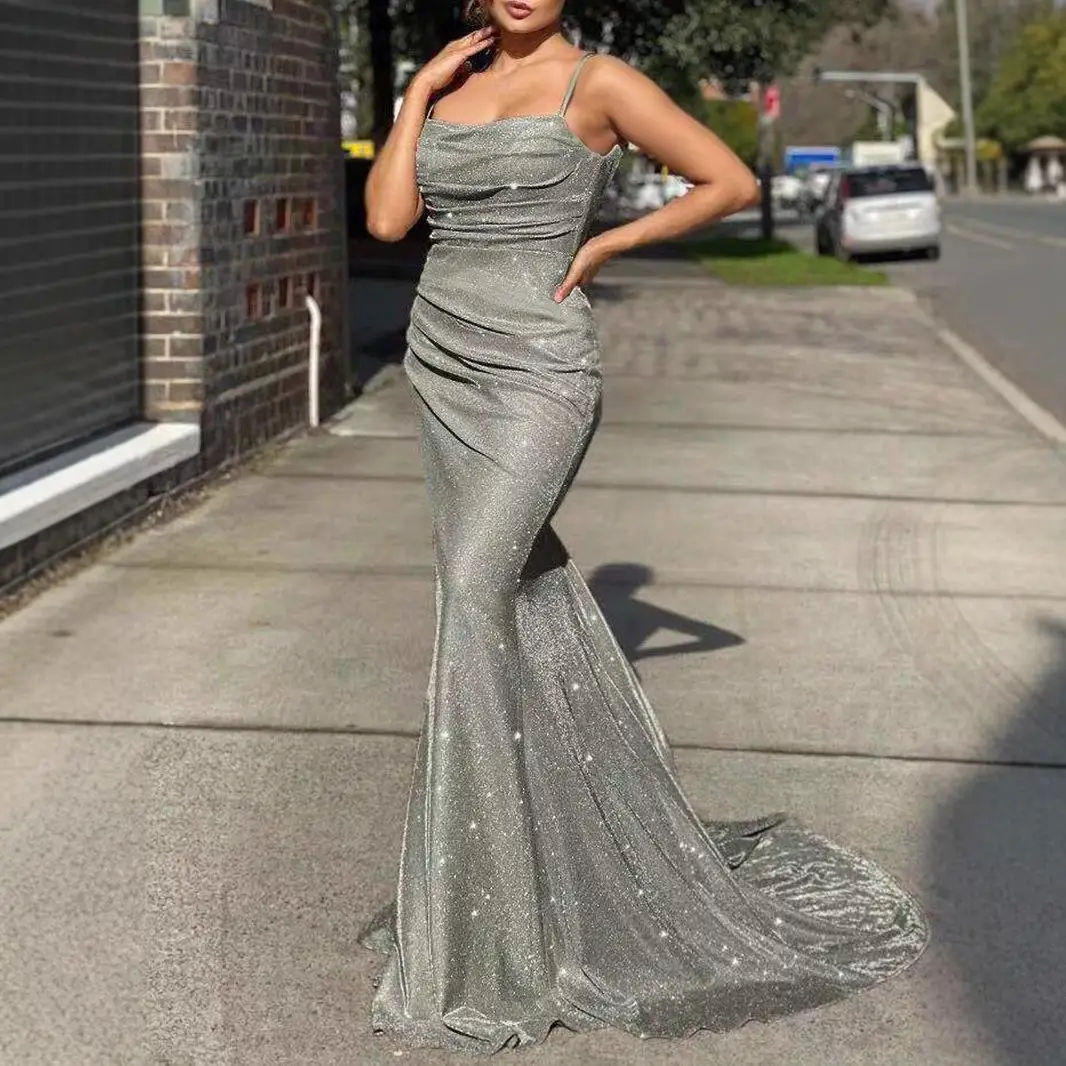

New Women's Svel Strap Glittering Long Dr Sexy mid Waist Fi Tail Gown Cross Border Faion Ele Draped Gown