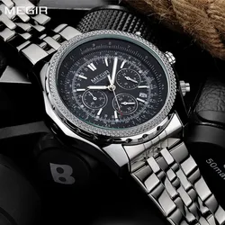 MEGIR Fashion Business Men's Watch Stainless Steel Quartz Wristwatch Calendar Big Dial Military Sport Chronograph Clock 2006