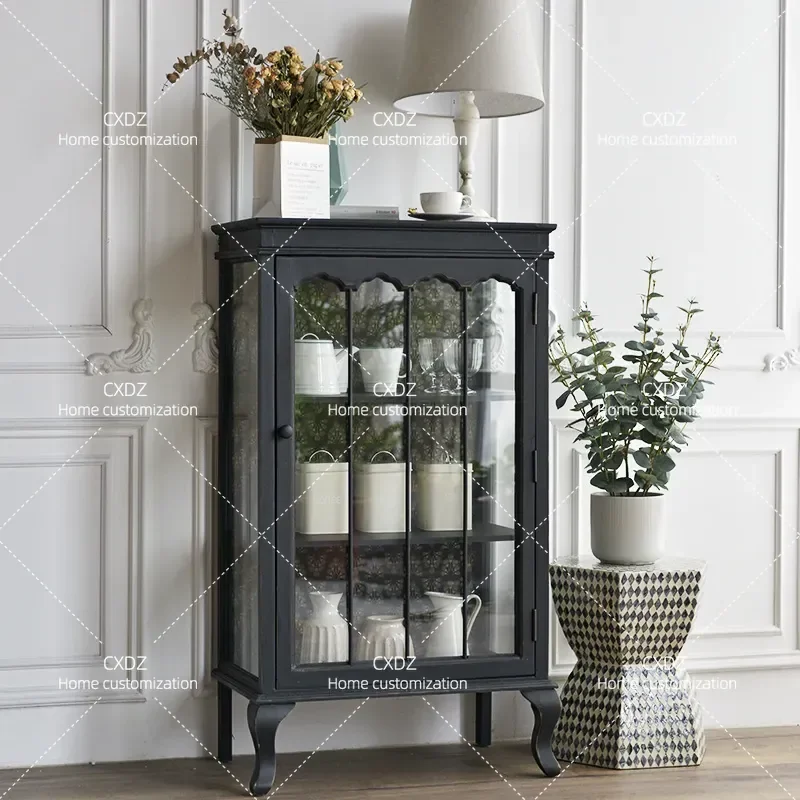 Retro Country Style Glass Door Cabinet Side Storage Locker Display Bookcase Wine Cabinet