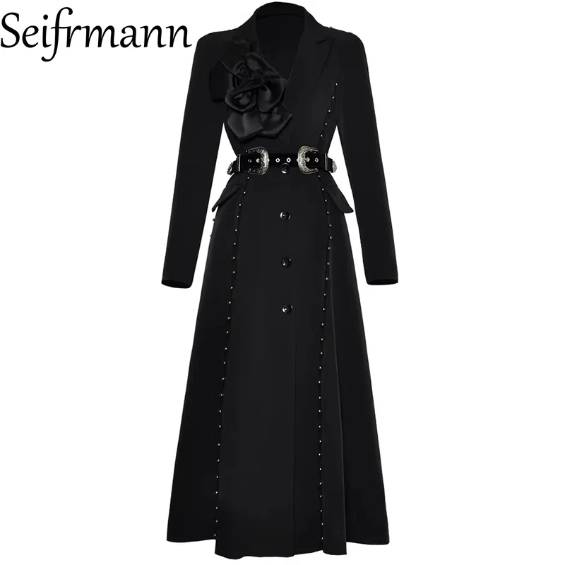 Seifrmann 2026 Spring Women's New Fashionable lapel Long Sleeve Three Dimensional Flower Nail Bead frenulum Windbreaker