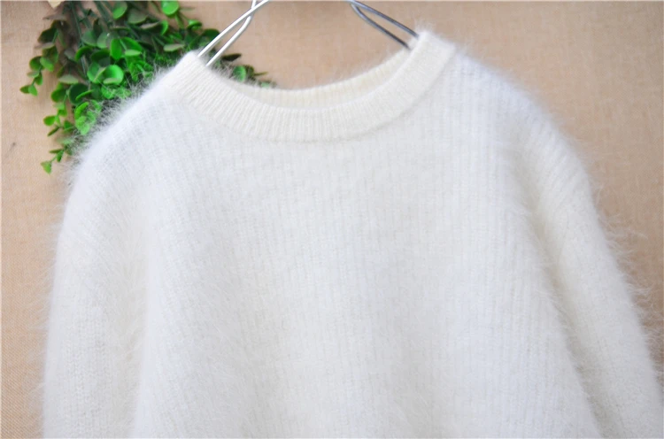 Women Mujer Autumn Winter White Hairy Angora Rabbit Hair Knitted O-Neck Short Style Crop Top Loose Pullover Sweater Jumper Pull