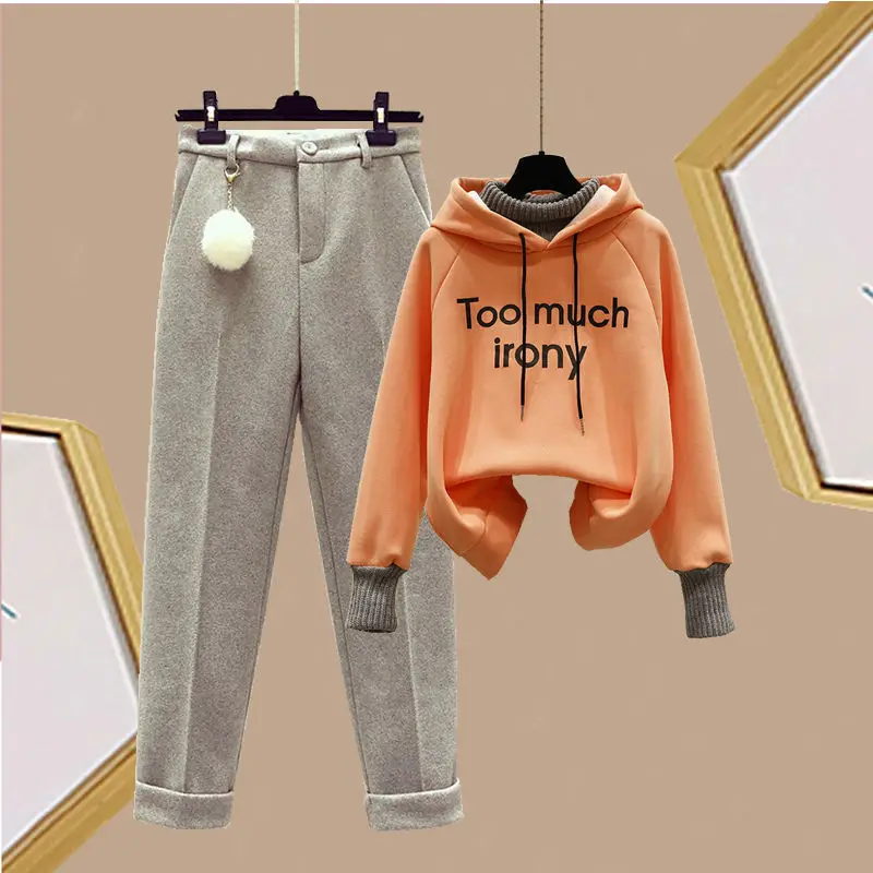 Herfst Winter 2022 Nieuwe Koreaanse Populaire Sport Hoodie Stroomden Wollen Broek Tweedelige Elegante Vrouwen Broek Set Student Sport pak