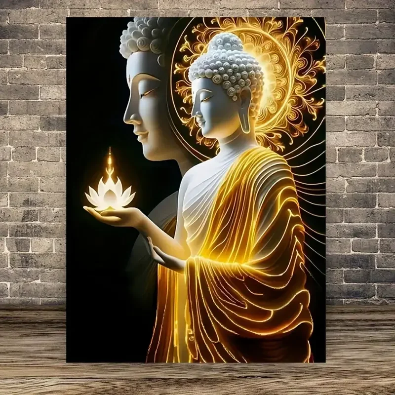 Frameless Canvas Poster - Serene Buddha with Candle and Lotus, Golden Robe Design, Ideal for Living Room, Bedroom, Ba