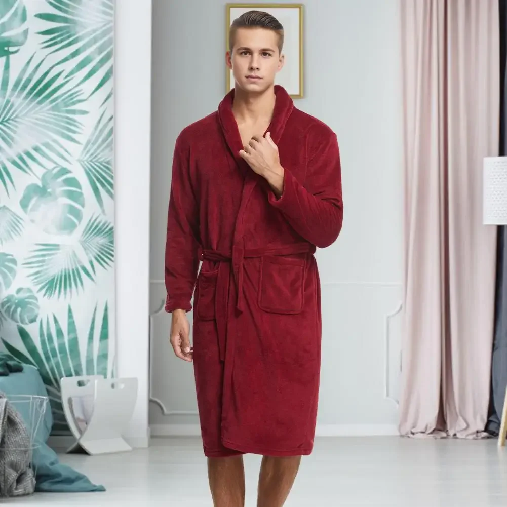 

Autumn Winter Men Nightgown Flannel Long Sleeve Pockets Lace-up Open Front Men Bathrobe Knee-Length Male Lounge Sleepwear