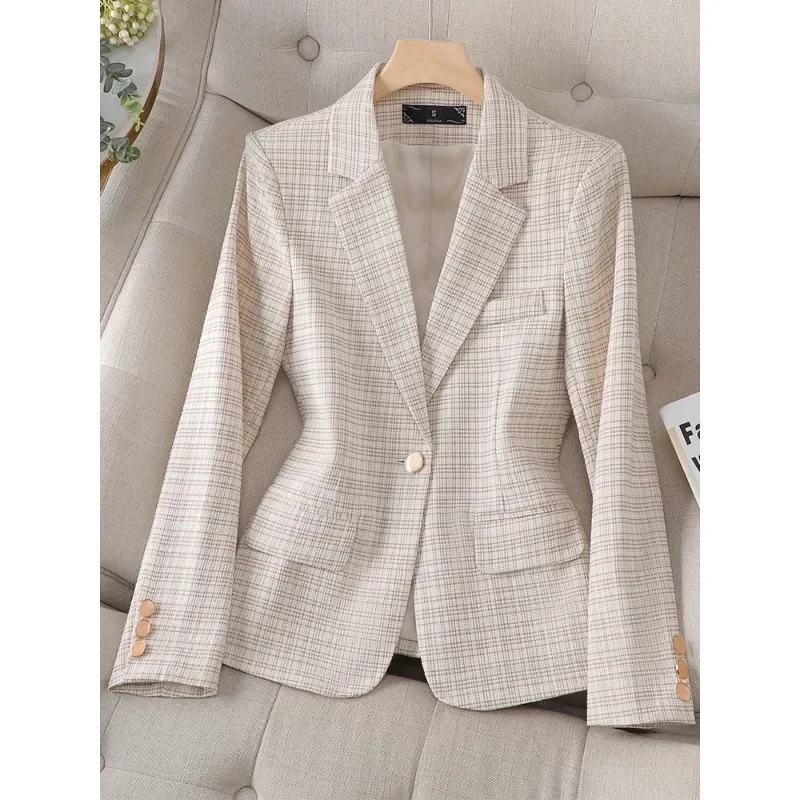 Blazer à carreaux à manches longues pour femmes, vert, abricot, beige, vêtements de travail d'affaires, veste formelle mince pour dames, automne, hiver