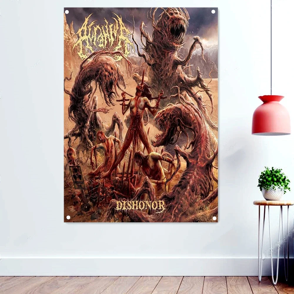 DISHONOR Death Artist Vintage Black Metal Music Art Banner Bar Cafe Home Decoration Rock Band Logo Poster Macabre Skull Flags