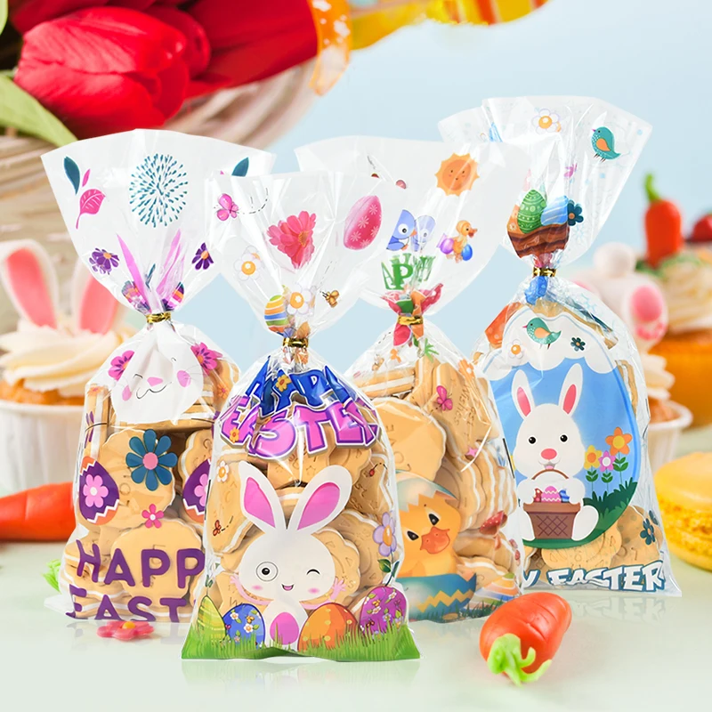 50pcs Easter Candy Cookie Bags Rabbit Chick Eggs Plastic Bag with Twist Ties Gift Packaging Pouch Happy Easter Party Decoration