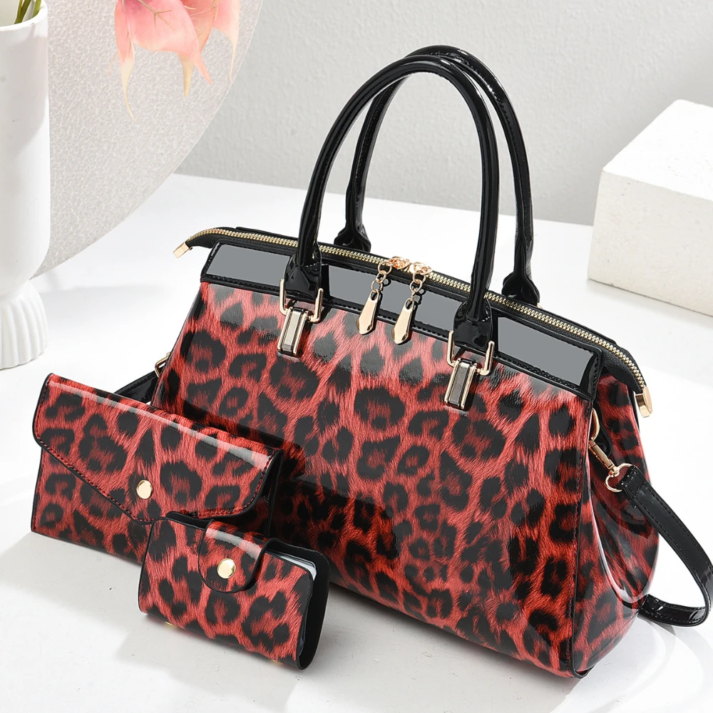 Retro Leopard Print Design Womens Handbag With 2 Pieces Small Purse Bright Glossy Top Handle Bag Crossbody Single Shoulder Bags