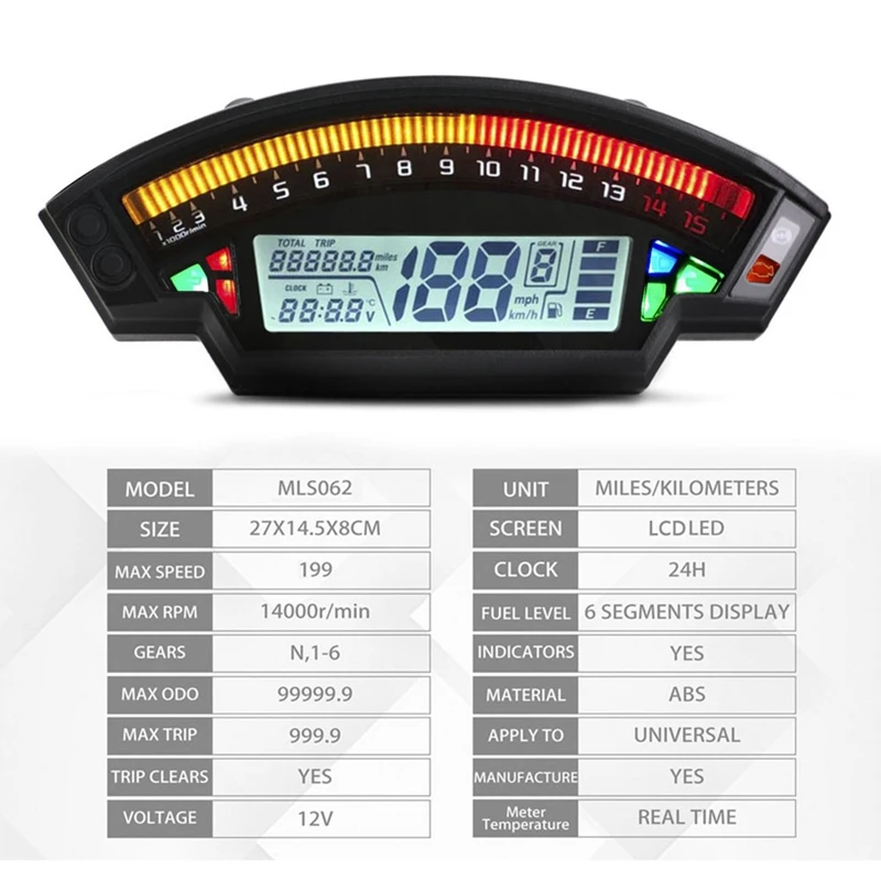 

Motorcycle Universal LCD Digital Speedometer 14000RPM 6 Speed 199Km/H For 1,2,4 Cylinder Meter Odometer Tachometer