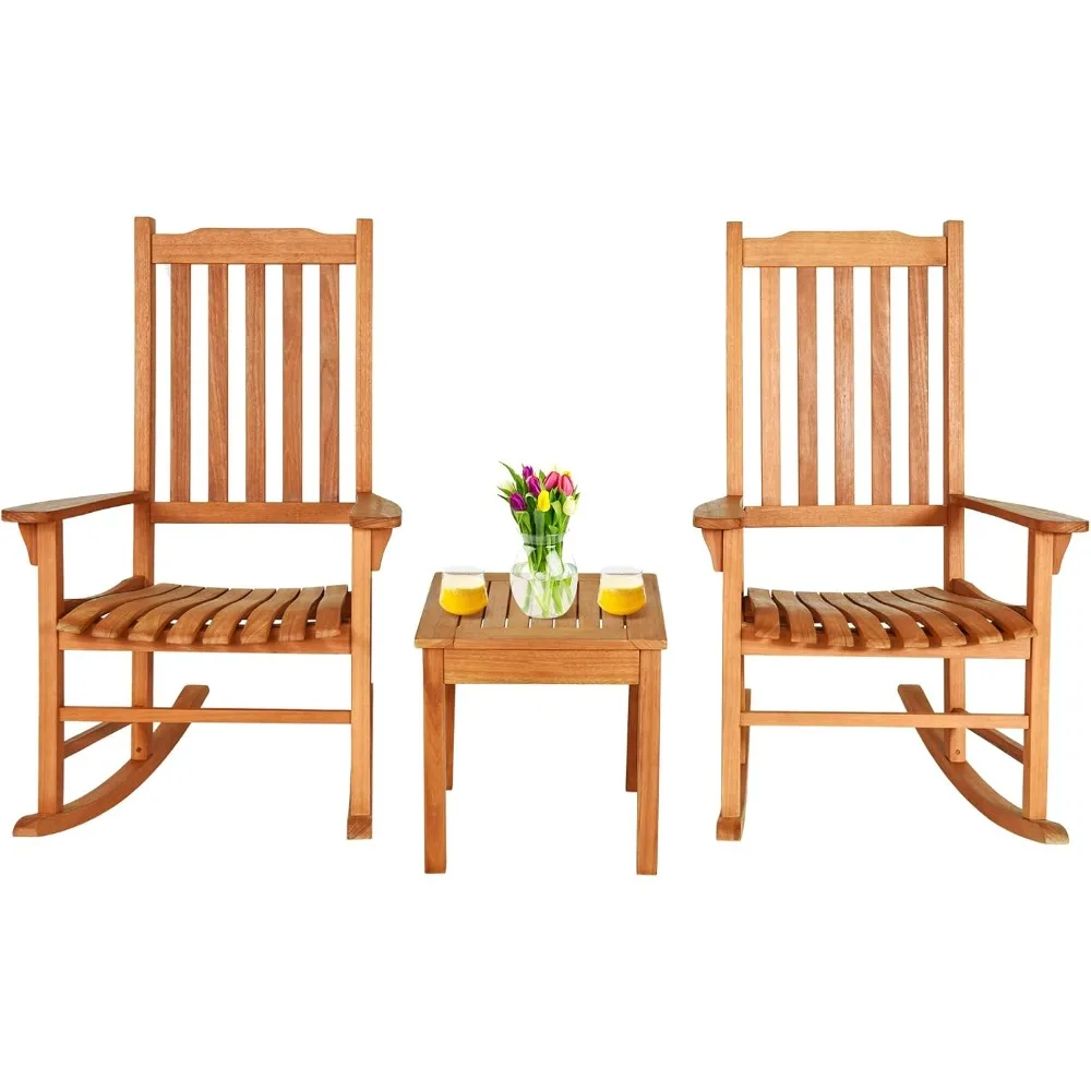 

3 Pieces Outdoor Wood Rocking Chair Set, Patio Bistro Set Outdoor Porch Conversation Set with Coffee Table and 2 Rock