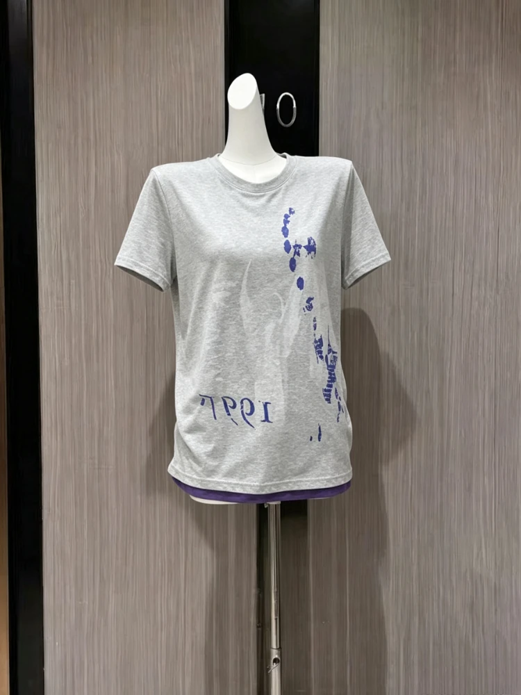 Y2K Vintage Fake Two Piece V Neck Fitted Shoulder T Shirt Women Vintage Print Ruched Waist Short Sleeve Slim Fit Casual Streetwe