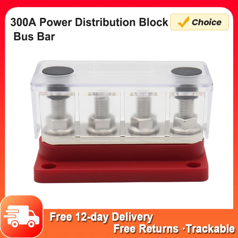 300A Power Distribution Block Bus Bar 4 x 3/8 48V DC Busbar Box with Transparent Cover 300A Power Distribution Block Bus Bar