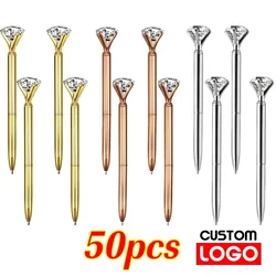 50 pçs grande cristal diamante metal esferográfica anel casamento escritório presente rolo bola rosa ouro logotipo personalizado livre preto tinta azul