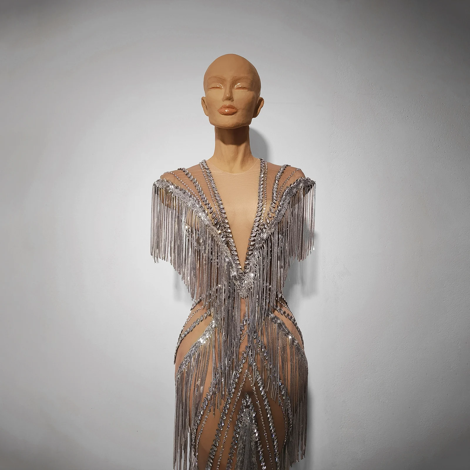 فاخر سباركلي حجر الراين الشظية هامش شبكة فستان طويل حفلة موسيقية مساء ملهى ليلي مهرجان المغني مرحلة الأداء زي