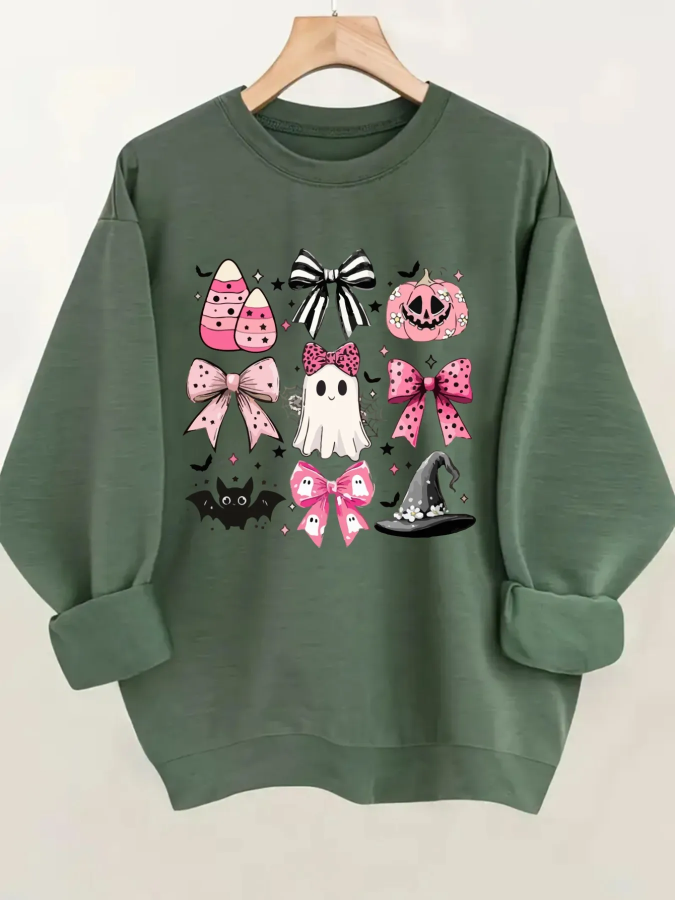 Women's Crew Neck Pullover Sweatshirt Halloween Cute Print Design, Soft Casual Long Sleeve, Daily Casual Top Outfit, Winter Women's Clothing, Halloween Costume Outfit