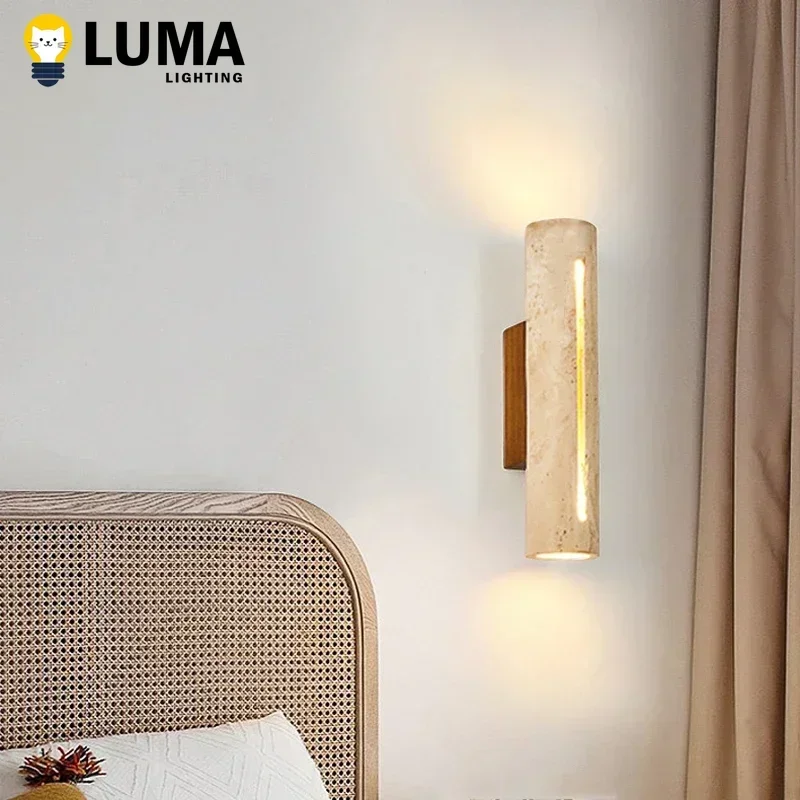 

Wabi-Sabi Yellow Travertine Wall Light Stone Wall Sconce Lamp for Livingroom Bedroom Bedside Corridor Stair Aisle Home Decor