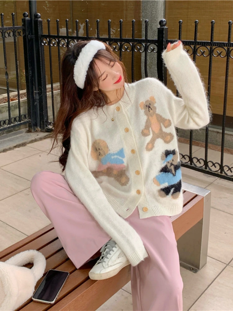 KOSAHIKI Girl Kawaii Bear Cardigan Sweater Top Women Loose Knitted  Coat Korean Fashion Harajuku Streetwear Jumper Jacket