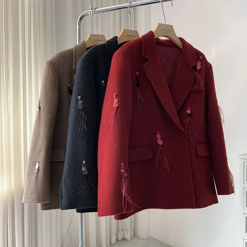  ort Double-Faced Woolen Camere Coat for Women with iny Feather Design Autumn Winter Thiened Suit Jaet