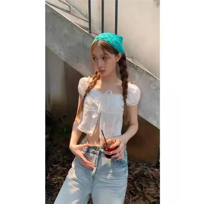 

Женская летняя рубашка с квадратным вырезом, рукавами-фонариками и разрезом, в стиле французского шика, с эффектом сладкого и острого сочетания, модный топ