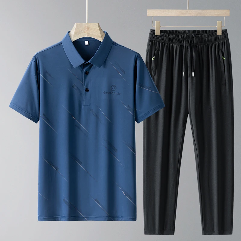 

Ice Slik Outfits Man Polo T Shirt and Pants Set Summer Tracksuit Men Breathable Quick Dry 2 Piece Set T Shirt Sweatpants Set