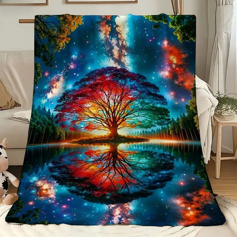 Galaxy Tree of Life Lake Reflection Flannel Blanket, Soft Warm Bed Blanket for Sofa Bedroom Camping Nature Art Lover Gift