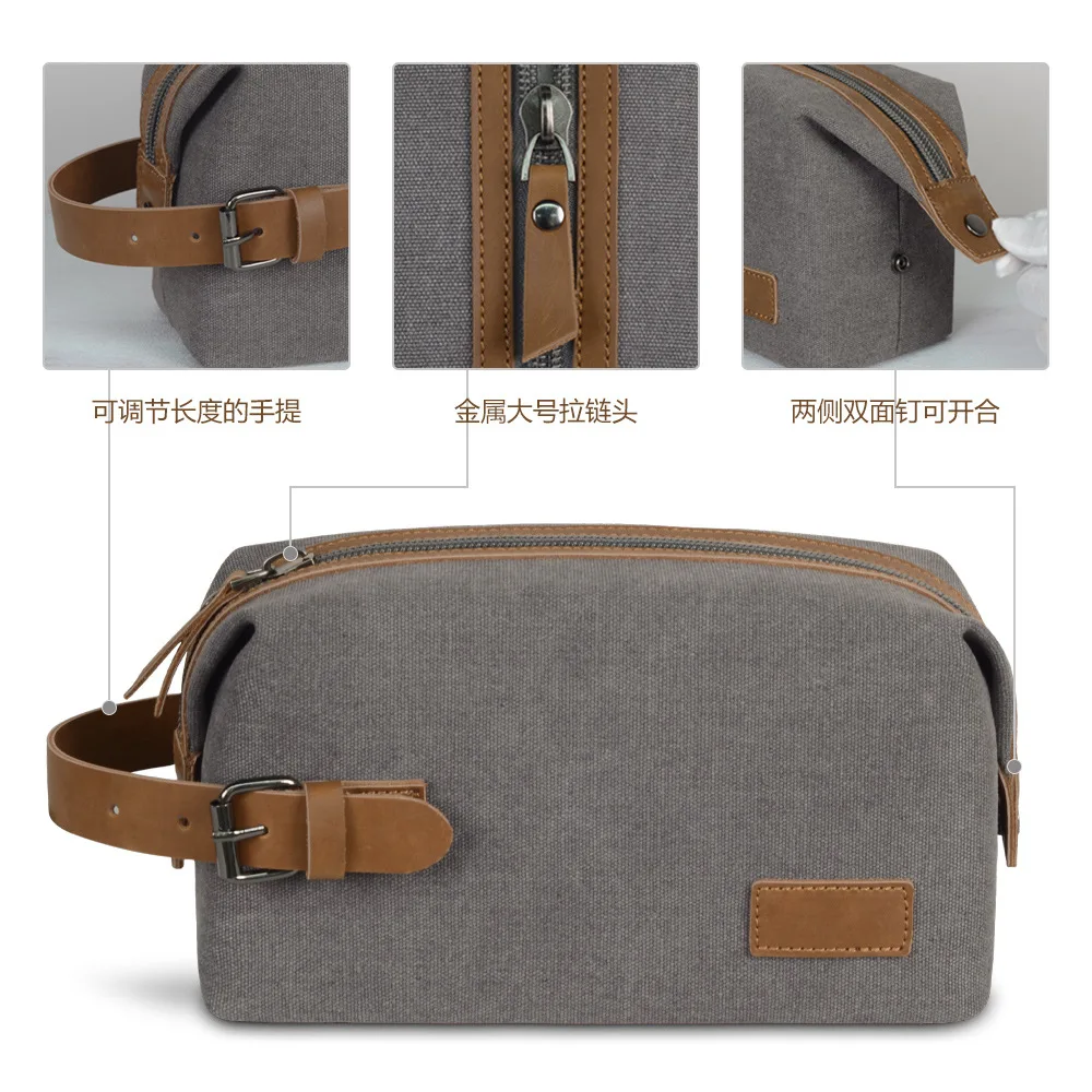 Retro wash large capacity makeup bag portable portable canvas with crazy horse leather stitching for men and women