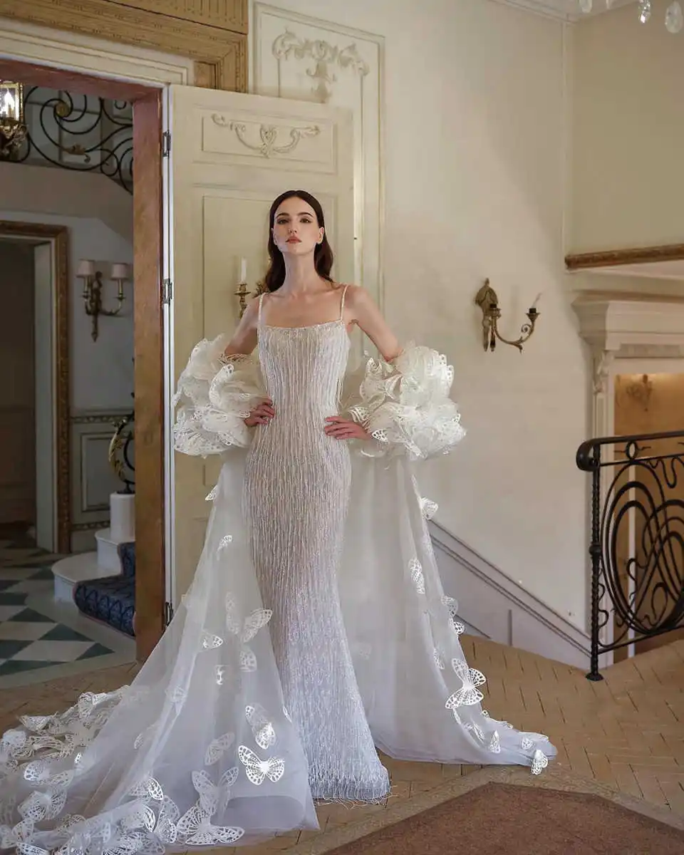 فساتين زفاف رائعة حورية البحر بياقة مربعة مزينة بدون ظهر بدون أكمام فستان العروس فيستدو دي نويفا مصنوع حسب الطلب #2