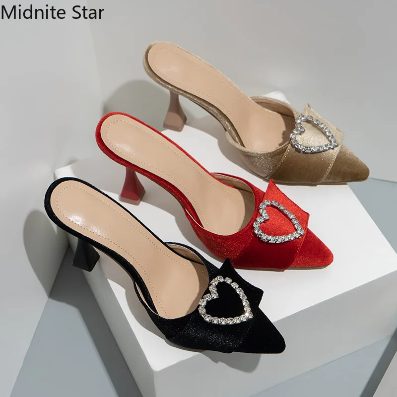 2022 Summer Sexy Stiletto High-heeled Slippers Women's Shallow Mouth Pointed Suede Rhinestone Pearl Diamond Buckle Women's Shoes