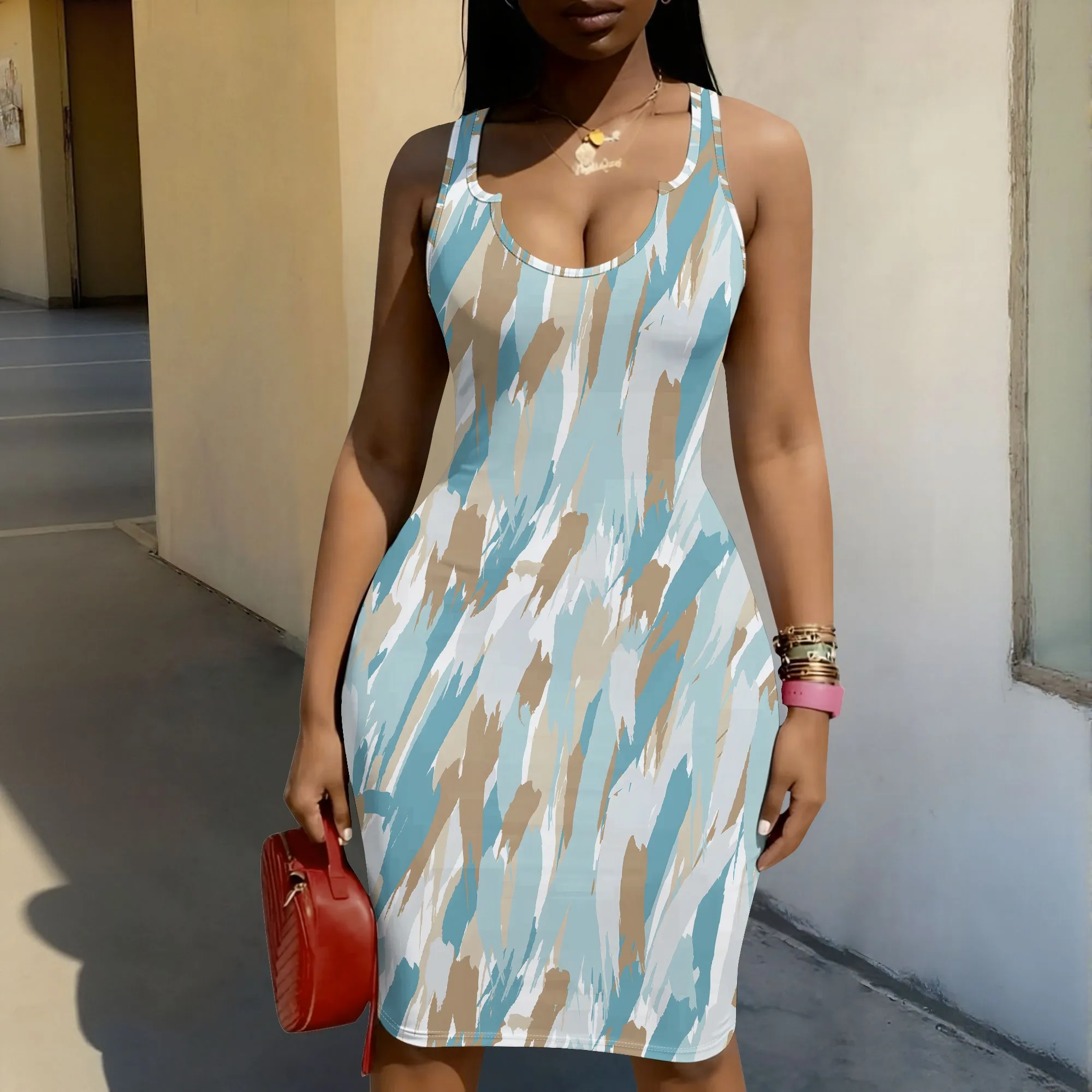 Brushstroke Print Dress, Abstract Pattern Bodycon Dress, Sleeveless Mini Dress for Women, Summer Beach Party Wear, XS-2XL