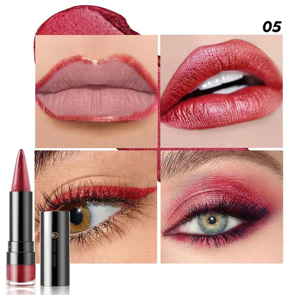 6 colores mate perla brillo fino diamante lápiz labial de doble propósito de larga duración fácil de colorear taza antiadherente lápiz labial para mujeres H3I9