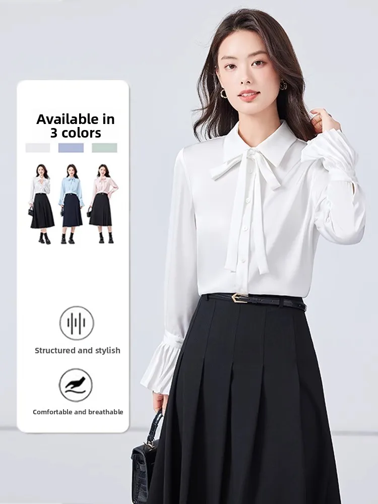 

Elegant White Bow Tie Shirt Women's Spring Autumn Advanced Sense Lightweight Anti Aging Fashionable Interview Formal Accordio...