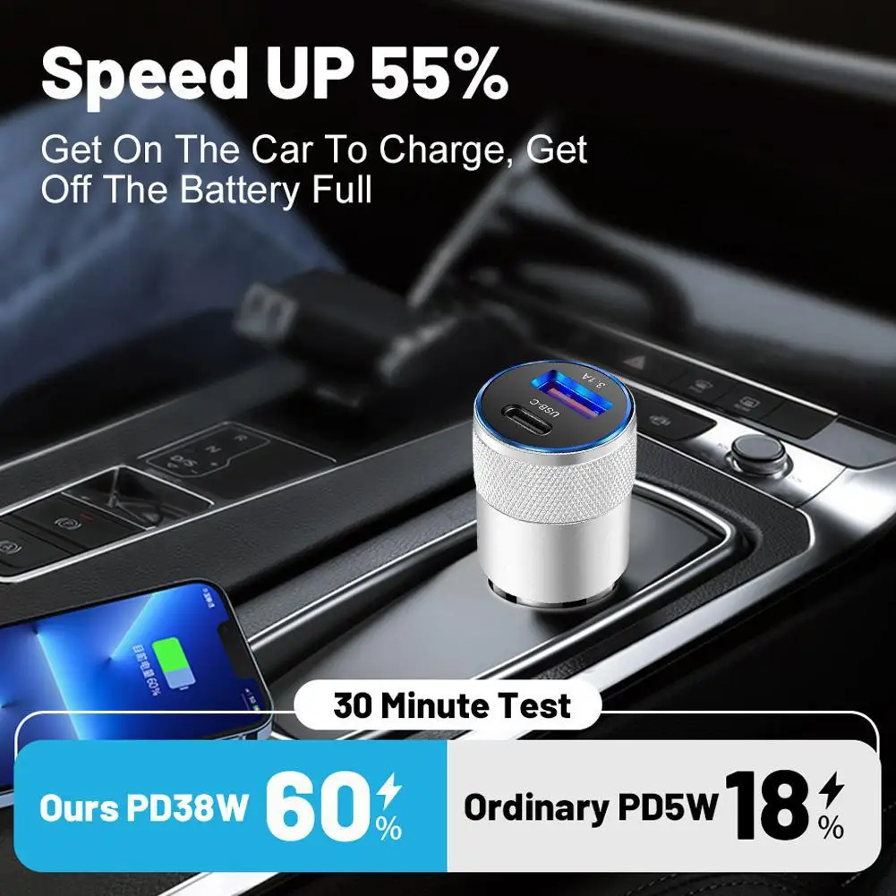 

Миниатюрное, но мощное автомобильное зарядное устройство — адаптер быстрой зарядки USB 3.1A и PD 38W, компактный металлический штекер из алюминиевого сплава для телефона