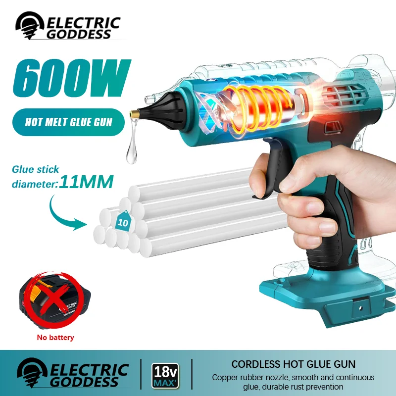 

Electric Goddess 600W Cordless Hot Melt Glue Gun Anti-scald Rechargeable with 10pcs 11mm Glue Repair Tool For 18V Makita Battery