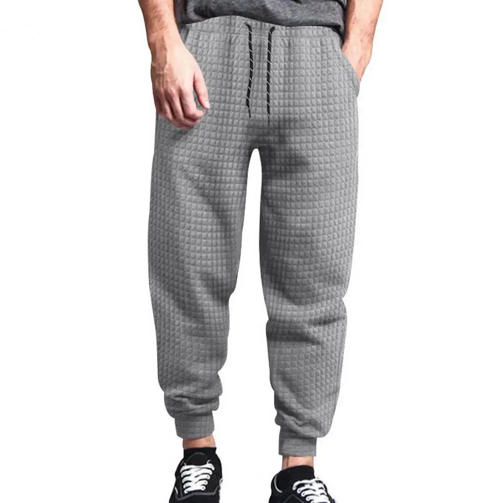 Men Pants Drawstring Elastic Waist Waffle Texture Casual Trousers Warm Loose Spring Fall Sweatpants Long Trousers