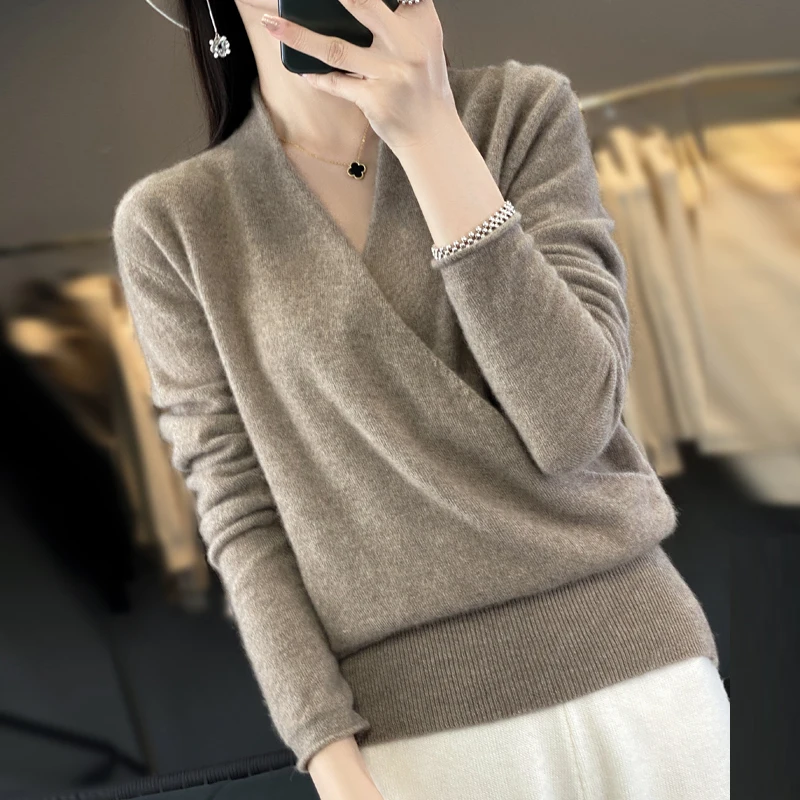 Suéter de lana merina para mujer, Jersey de manga larga con cuello en V, Tops de punto a la moda, gran oferta, otoño e invierno, 100%
