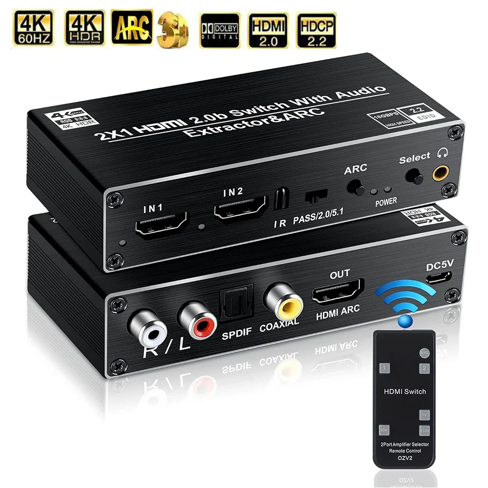 HDMI Switch With Audio extractor 4K 60Hz HDMI Audio Splitter 2 in 1 out HDMI to Coaxial+toslink Spdif +L/R Stereo Audio+HDMI ARC