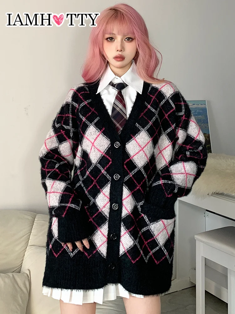 

IAMHOTTY Argyle Plaid Knitted Sweater Cardigan Black Blue Single Breasted V Neck Preppy Style Oversized Coat Y2K Cute Jacket Hot