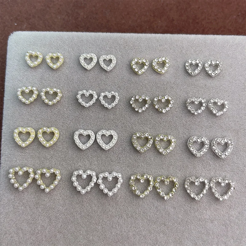 10PCS 3D Luxury Alloy Love Heart Nail Art Rhinestone Pearl Frame Charms Accessories For Manicure Decor Nails Decoration Supplies