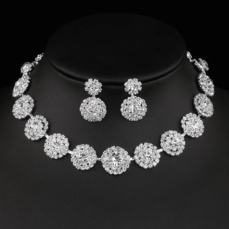 BLIJERY Elegant Womens Necklaces Big Rhinestones Round Necklace Earring Set Crystal Jewelry Sets Wedding Women Bridal Gift New