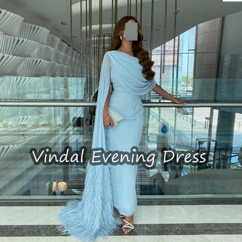 Vindal Scoop Neckline Evening Dress Ankle Length Chiffon Elegant Ruffle Built-in Bra Saudi Arabia 1/2 Sleeves For Woman 2024