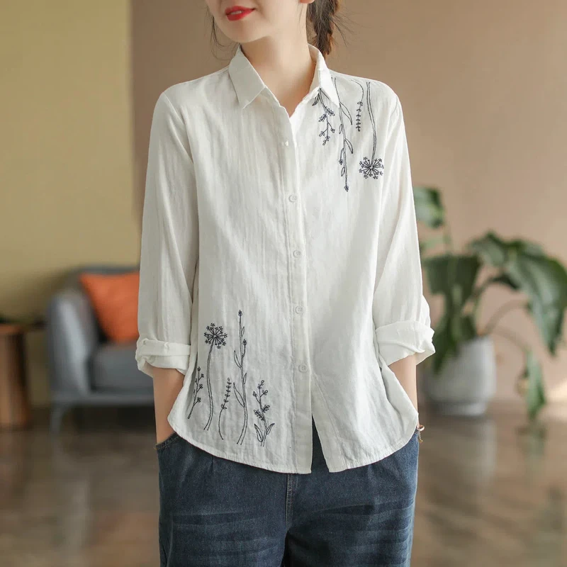 Spring and Summer New Cotton and Linen Top Simple Artistic Women\'s Long Sleeved Shirt Loose Embroidered Shirt Women