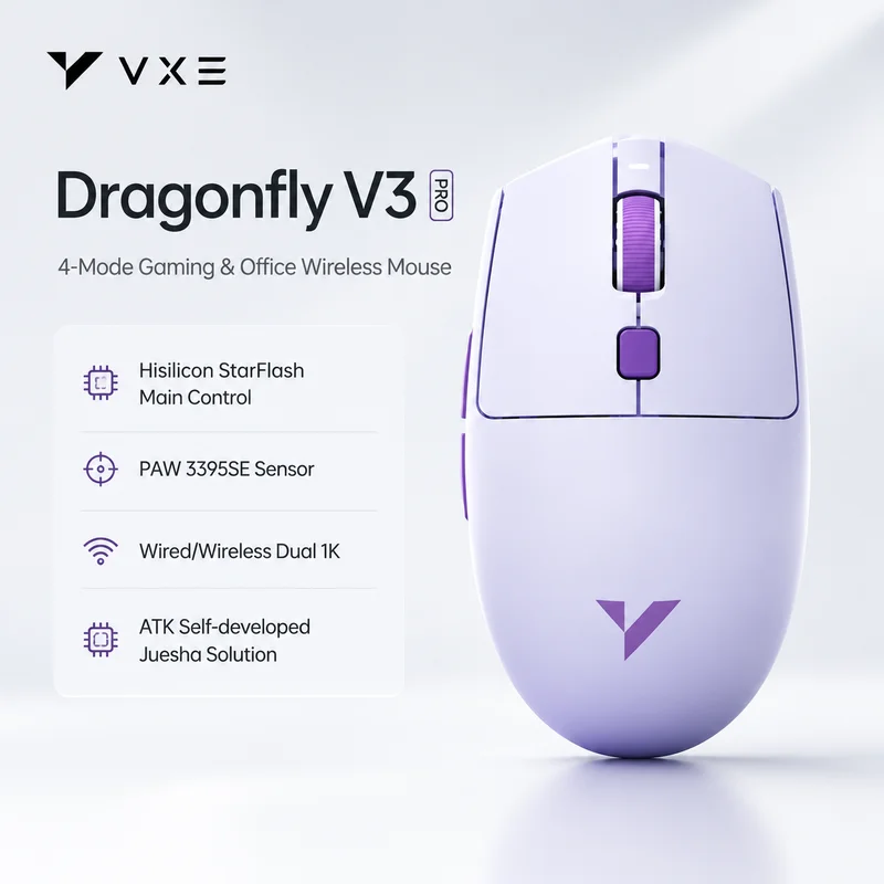 Atk Vxe Dragonfly V3 Pro Wireless Gaming Mouse,4-Mode,Paw3395se/Xhero Ai Sensor,520mah Long Battery For Gaming & Office