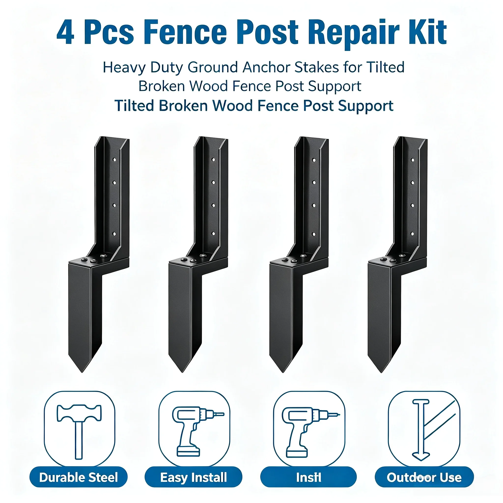 Fence Post Repair Kit 4 Pack, Heavy Duty Ground Anchors Stakes for Damaged & Tilted Wooden Post Support