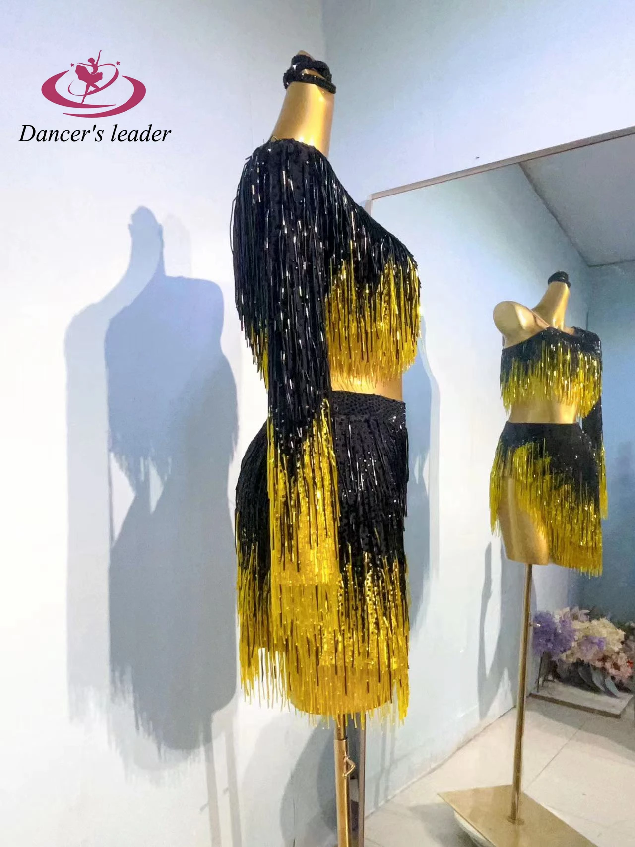 Vestido de strass para dança latina feminino, preto e amarelo, tubo de talão de cor dupla, vestuário de samba americano, personalizado